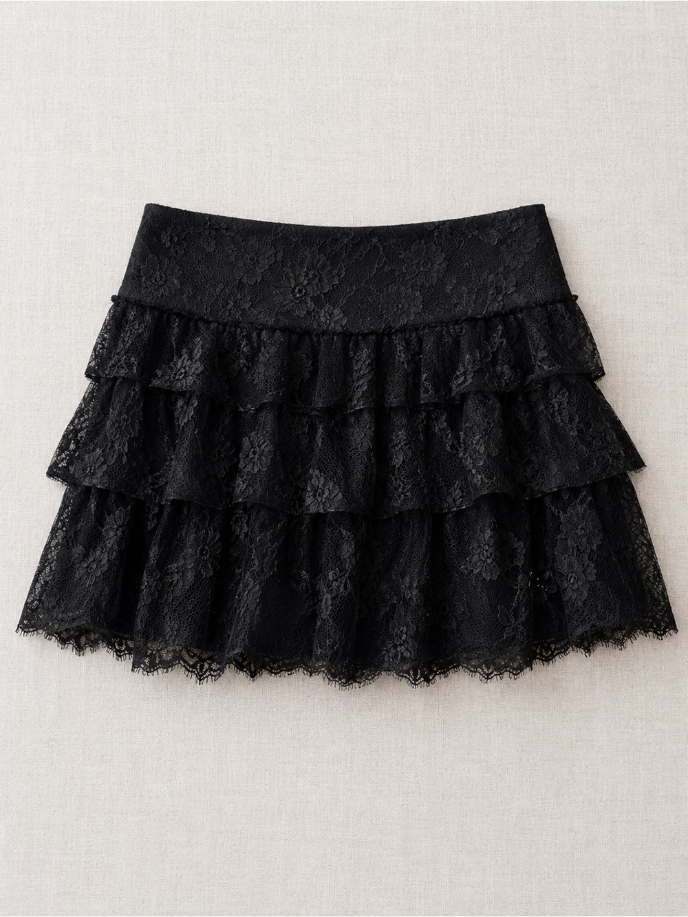 Vintage Y2K Seduction Black Tiered Floral Lace Ruffle Mini Skirt - Size S